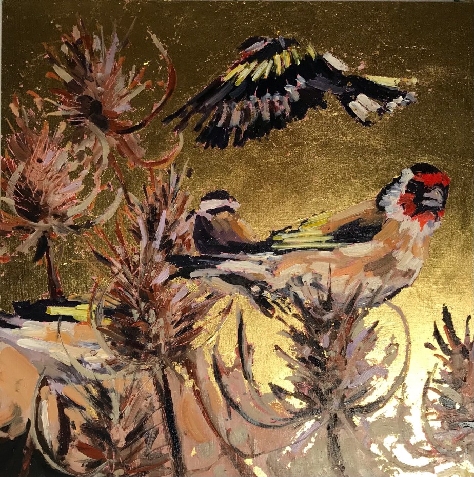 Goldfinch painting with gold leaf