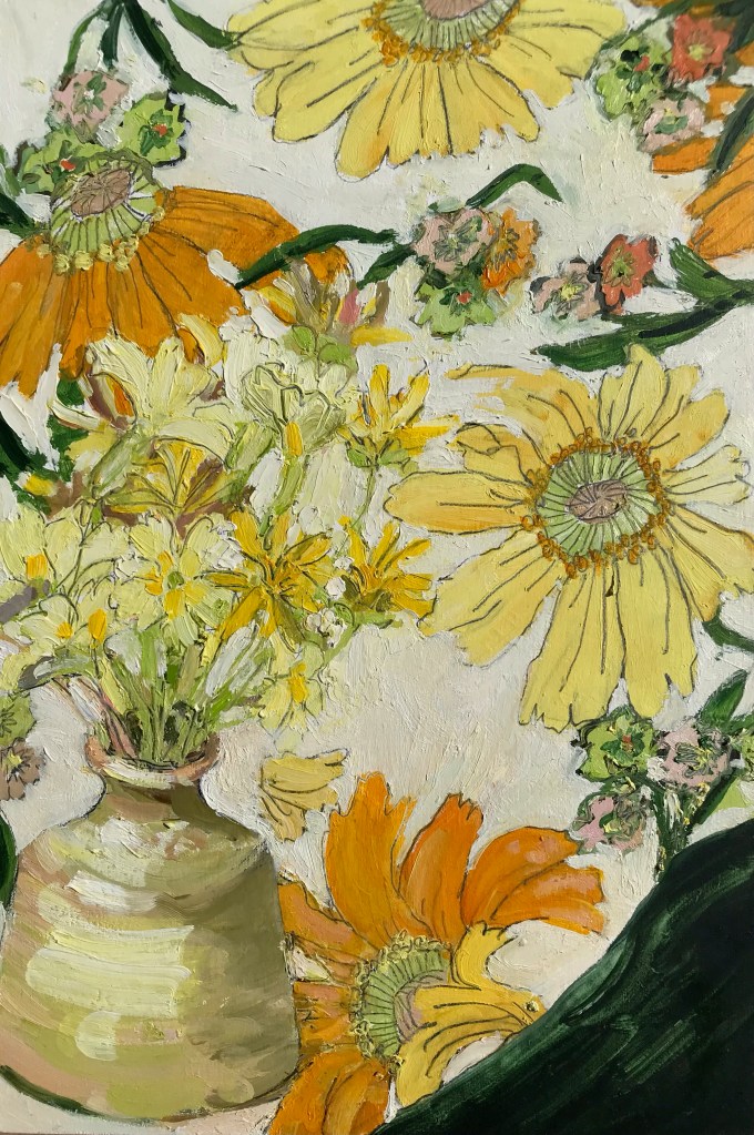 Flowers on the table cloth - oil painting