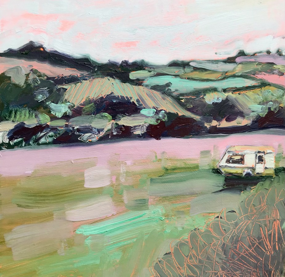 Caravan in a field - oil painting